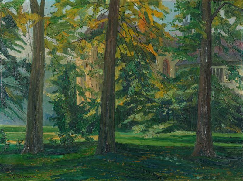 Stift Neuburg, Kapelle mit drei Bäumen II by Wilhelm Trübner, oil on canvas depicting a chapel and trees.