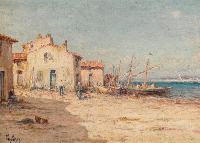 Marine scene with boats and dock in water, oil painting by Charles Malfroy