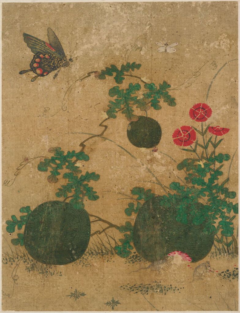 Obra de seda botânica de Sin Saimdang com plantas e insetos