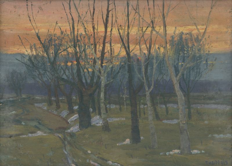 Landscape oil painting by Ján Thain featuring shadowy trees and golden light.