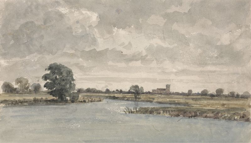 River Landscape by Aaron Edwin Penley, oil painting depicting a tranquil river scene at dawn.