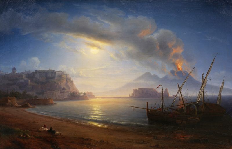 Escena nocturna de una erupción volcánica con lava de Eduard Agricola, pintura al óleo