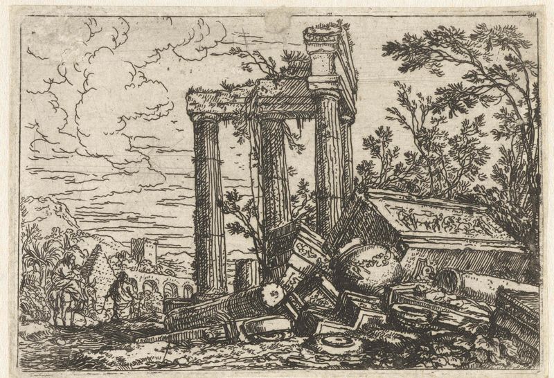 Ruïnelandschap met de vlucht naar Egypte etching by Jonas Umbach depicting ruins and a sacred flight.