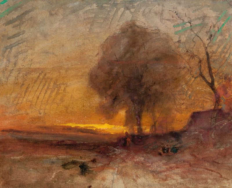 Landscape at Dusk by François-Auguste Ravier, oil on canvas depicting a serene twilight horizon.