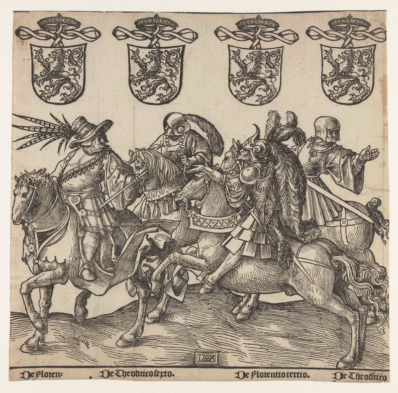 Dibujo histórico en papel de Jacob Cornelisz van Oostsanen que representa figuras nobles.