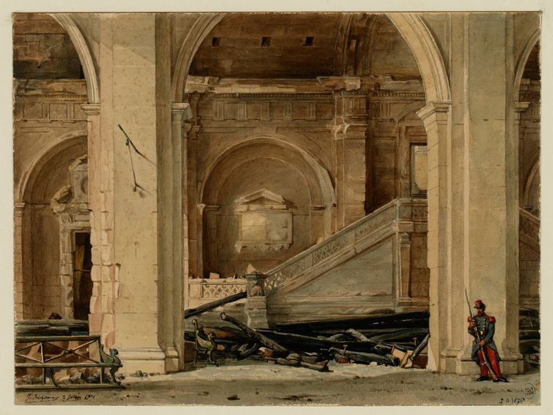 L’escalier du Palais de Justice après l’incendie de 1871 by Jules Richomme, depicting a crumbling balustrade in an unknown medium.