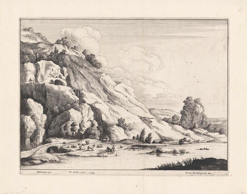 Paisaje con ganado bebiendo junto a un puente de piedra, grabado de Wenceslaus Hollar