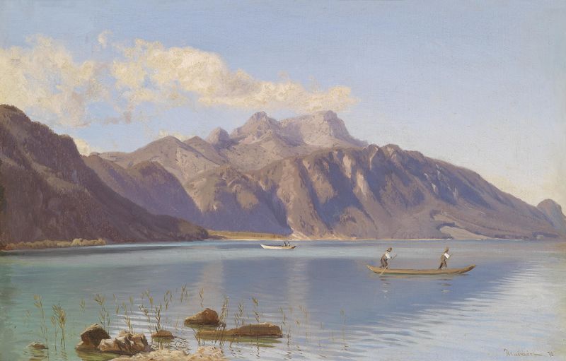 Seelandschaft de Anton Hlavacek, óleo sobre lienzo que representa un lago tranquilo, horizonte y nubes.