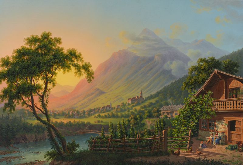 Paisaje de Johann Heinrich Bleuler the Younger, pintura al óleo que muestra colinas y un río.