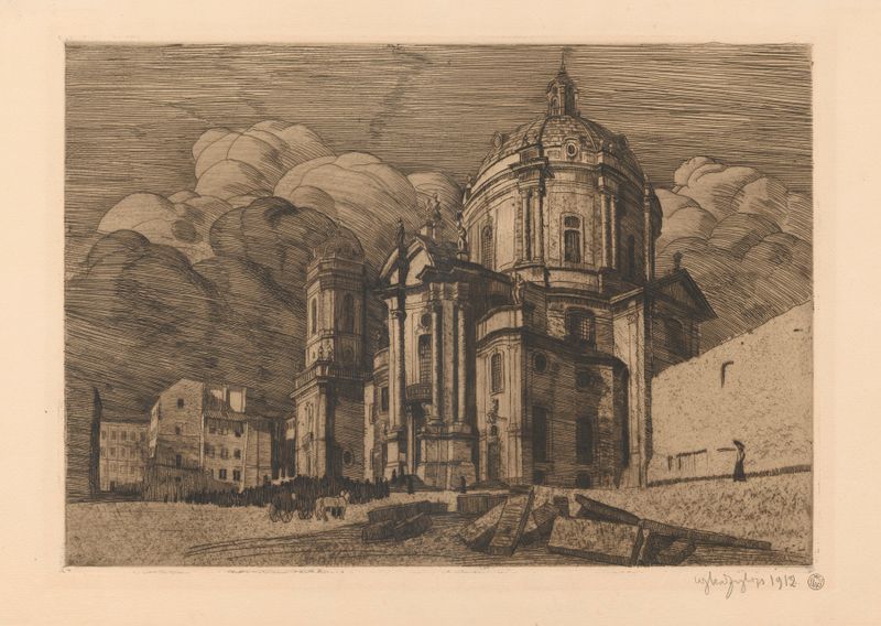 Kościół Dominikanów we Lwowie, watercolor on paper by Władysław Skoczylas
