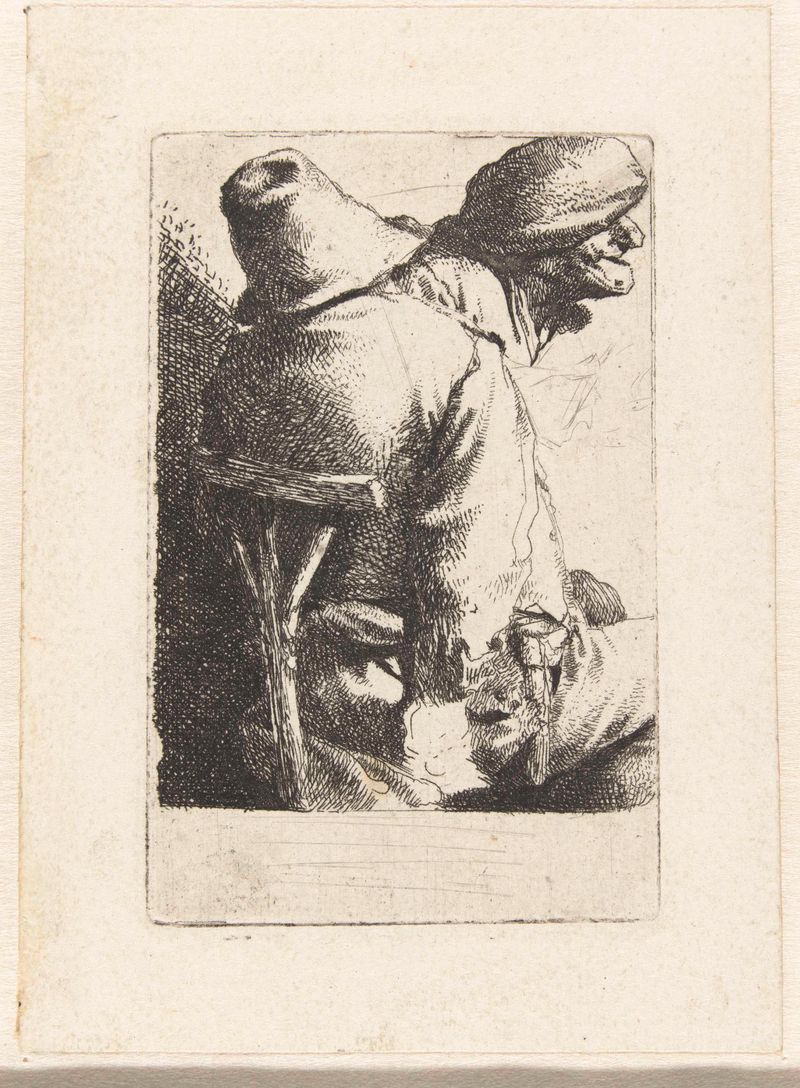 Gravura de Cornelis Pietersz. Bega de um homem visto de costas usando um chapéu
