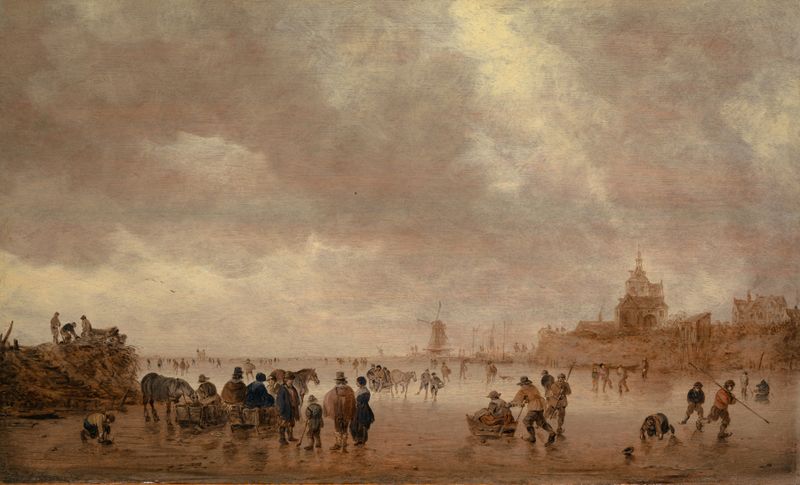 Winter Pleasures on the Merwede, óleo sobre lienzo de Jan van Goyen, representando un paisaje invernal con figuras junto a...