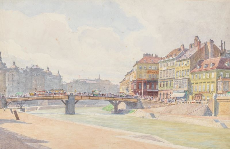 Impressionist painting by Carl Müller depicting a bridge over a river.