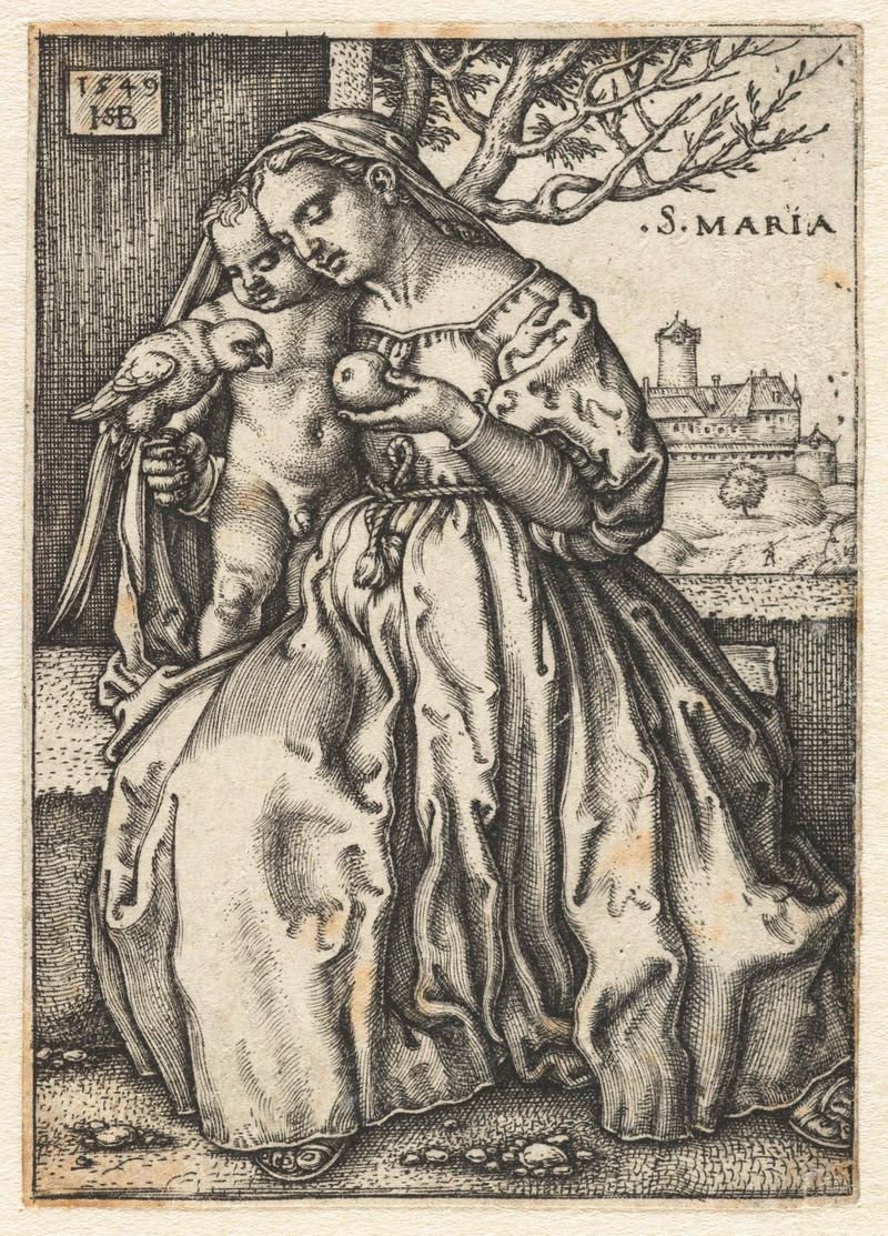 Grabado de Hans Sebald Beham que representa a María con un niño y un loro