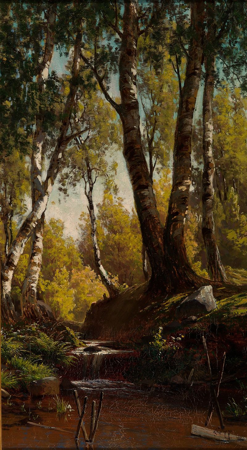 Forest Creek by Fanny Churberg, oil on canvas depicting a tranquil river and lush forest.