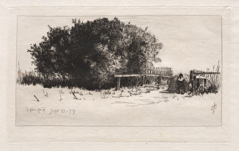 The Gate, Schleissheim de Otto Henry Bacher, óleo de un portón ornamental y camino de adoquines.
