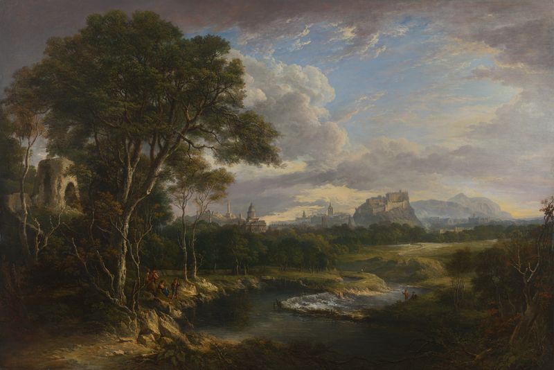 View of the City of Edinburgh by Alexander Nasmyth, oil painting depicting a cityscape with hills.