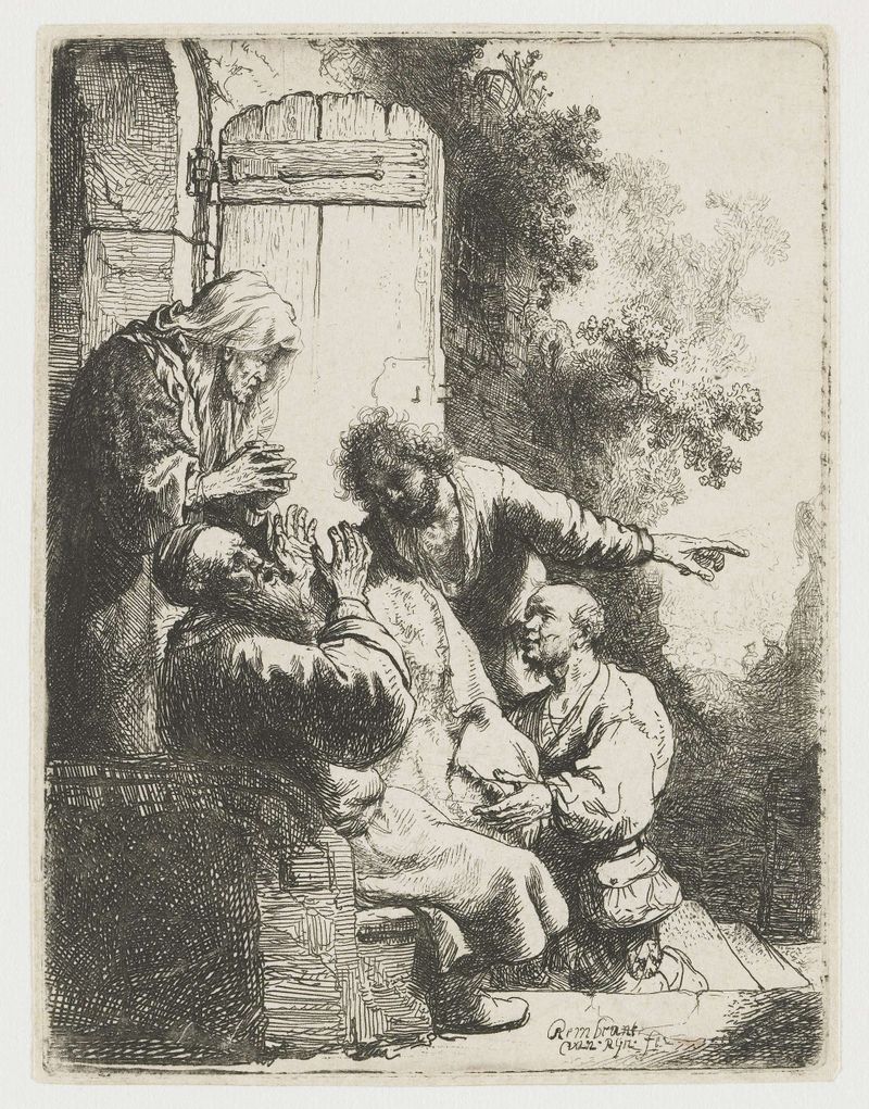 Gravura de Rembrandt van Rijn que retrata a angústia de Jacó sobre o manto manchado de sangue de José.