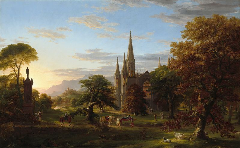 El Regreso de Thomas Cole, pintura al óleo que representa montañas y un paisaje reflexivo.