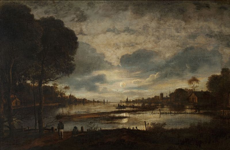 Moonlit landscape by Petrus van Schendel, oil on canvas depicting a serene night scene.