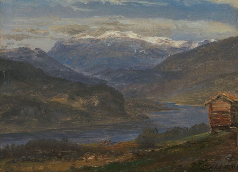 View of Hjelle in Valdres by Johan Christian Dahl, oil on canvas depicting a tranquil lake and rolling hills