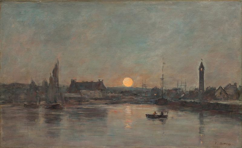 Vue du port de Trouville au crépuscule, óleo sobre tela de Eugène Boudin, retratando um porto ao crepúsculo.