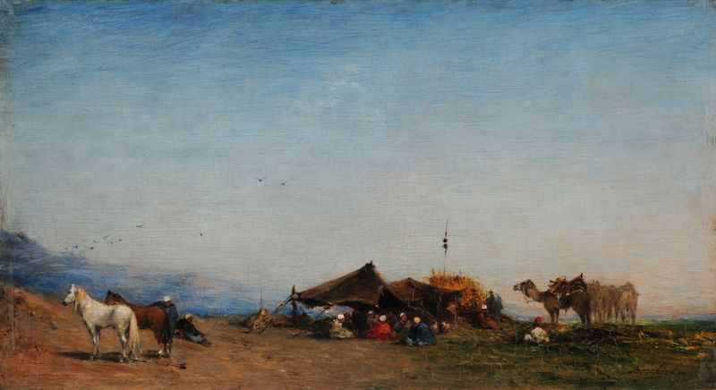 Campement arabe by Narcisse Berchère, oil painting depicting a vibrant tent in a desert landscape.