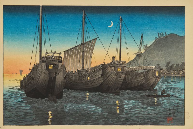 Ukiyo-e de Takahashi Hiroaki que representa junks en Inatori Bay, Izu