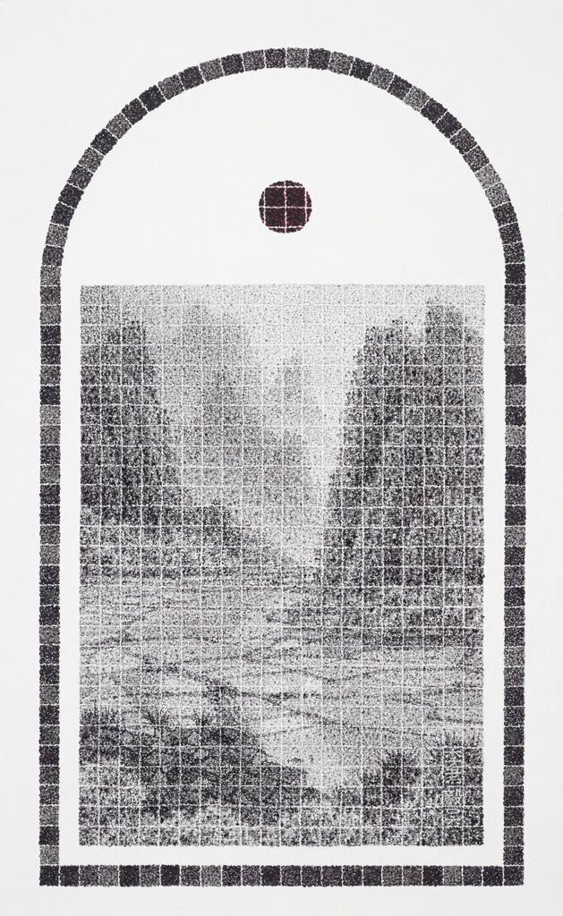 Landscape ink on paper by Lee Chun-Yi depicting mountains over a rural village and paddy fields.
