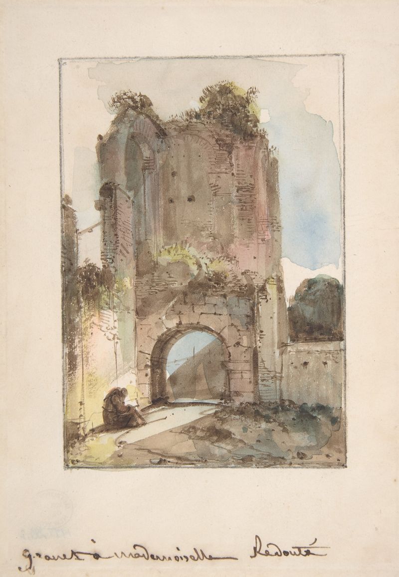 Monk seated before a ruined gateway, oil painting by François-Marius Granet