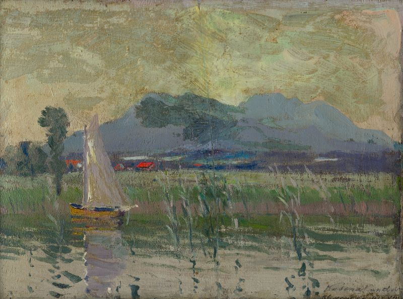 Landscape of a serene lake with mountains by Ferdinand Katona, oil painting