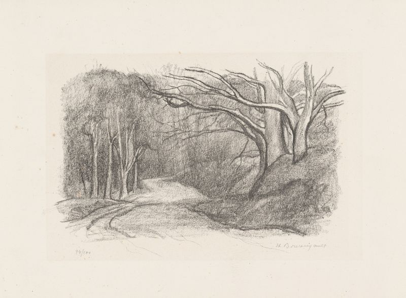 Forest landscape oil painting by Jean-Louis Boussingault depicting lush greenery and a tranquil path.