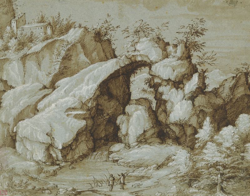 Rocky landscape with a natural arch, oil on canvas by Gherardo Cibo