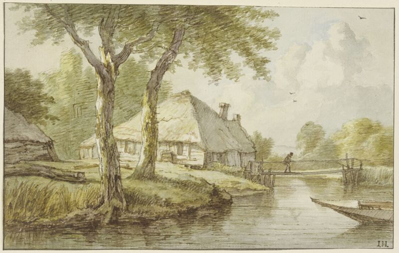 Landscape with water, trees, and a house by Jan Hulswit, oil on canvas
