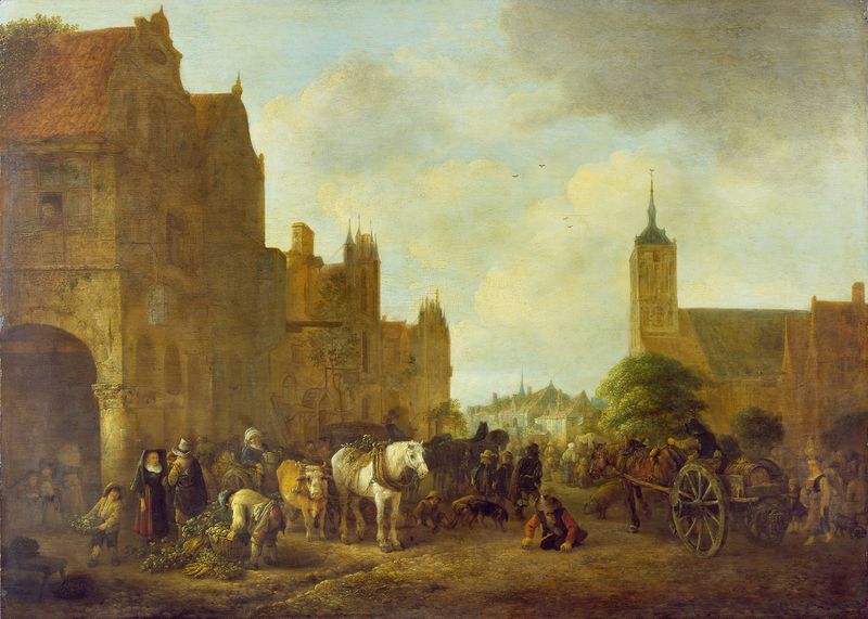 A Market Place by Isaac van Ostade, oil on panel, depicting a bustling market scene with various figures.