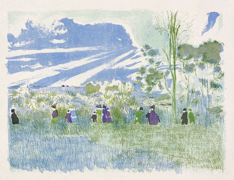 Across the Fields, color lithograph by Édouard Vuillard, depicting figures in a lush landscape.