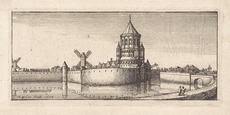 Gezicht op de Kleine Houtpoort te Haarlem, grabado de Wenceslaus Hollar que representa una puerta histórica de la ciudad