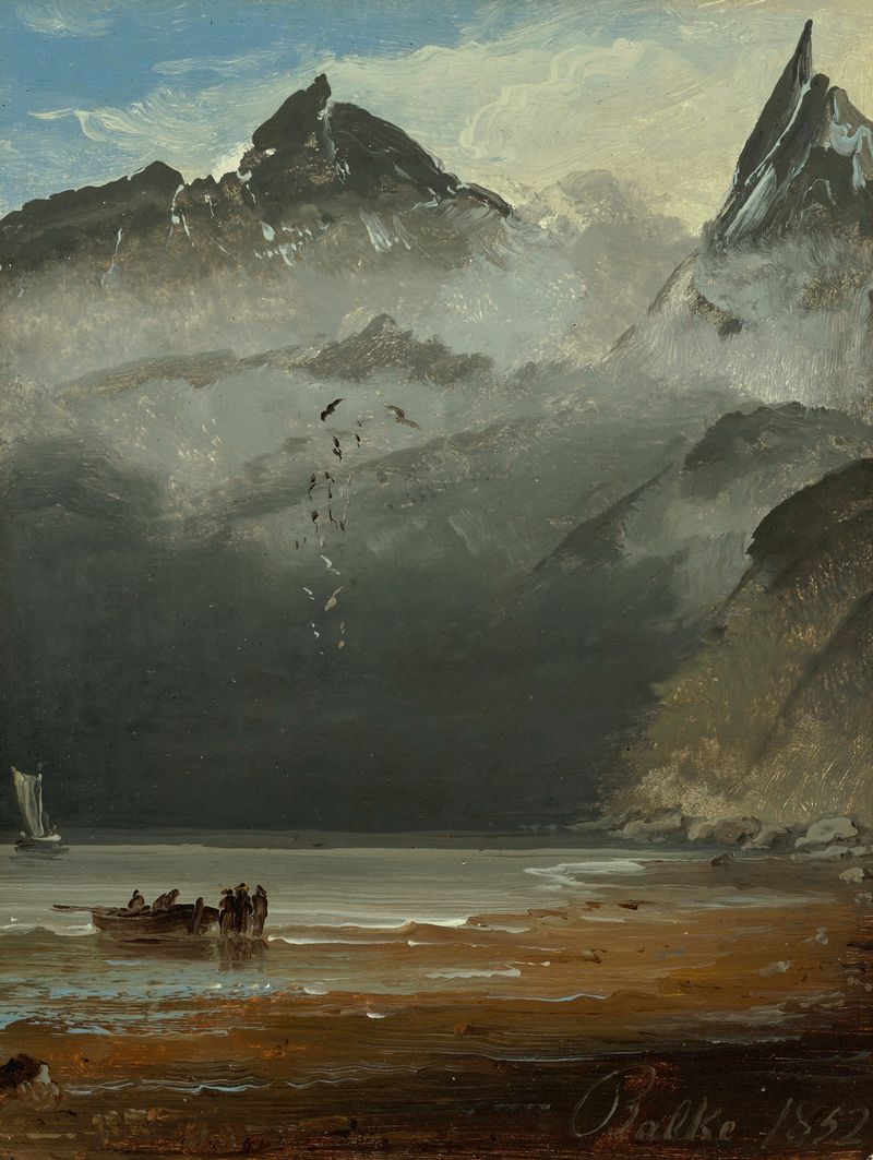 Coastal landscape by Peder Balke, oil painting depicting a turbulent sea and dark sky.