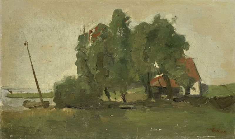 Farmstead de George Hendrik Breitner, pintura a óleo de um celeiro sob um vasto céu.