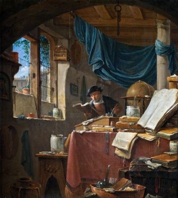 Cena interior com um cientista em seu espaço de trabalho, pintura a óleo de Thomas Wyck