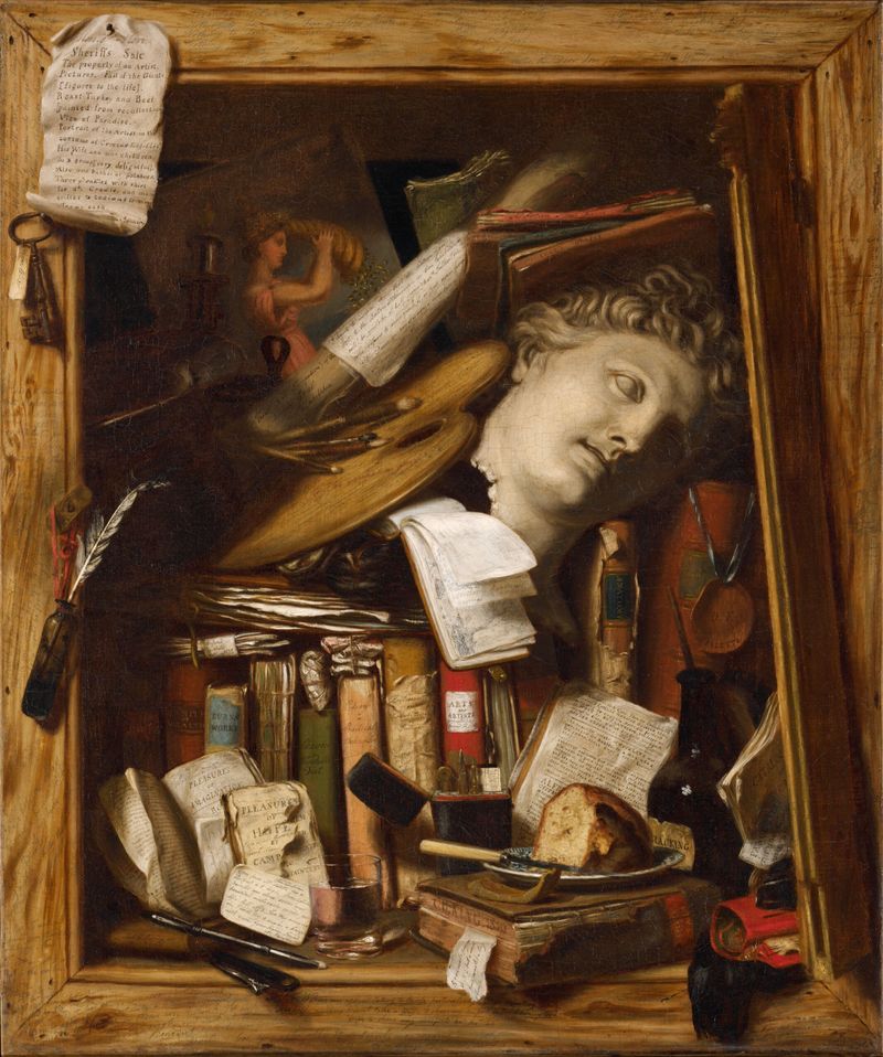Obra figurativa en óleo y grafito de Charles Bird King que muestra a un artista en su espacio de trabajo.