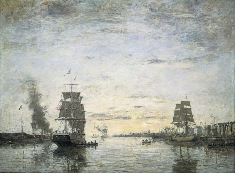 Entrance to the Harbor, Le Havre, óleo sobre tela de Eugène Boudin mostrando barcos na água e um céu nublado.