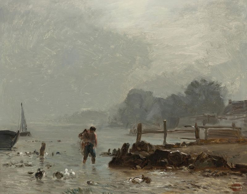 Fisherman at the water's edge, oil on canvas by Constant Troyon