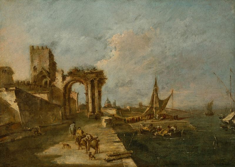 Pintura a óleo de Francesco Guardi retratando um porto com barcos e um arco em ruínas