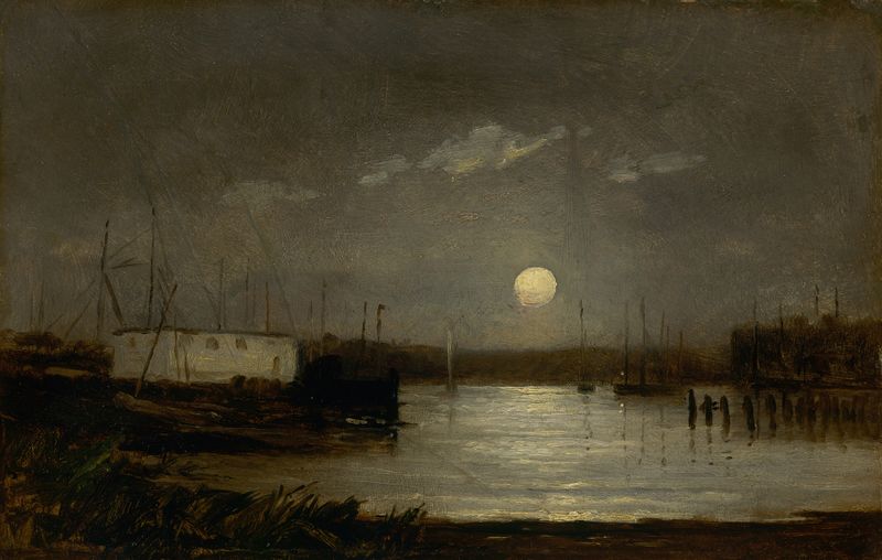 Cena marinha com luz da lua sobre um porto, pintura a óleo de Edward Mitchell Bannister