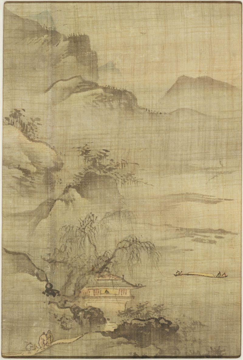 Early Spring Landscape with Figures Walking on a Mountain Path, silk by Yi Ching