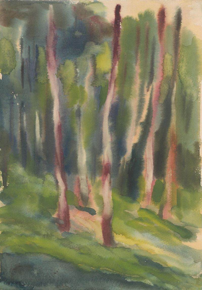Birch Grove de Zolo Palugyay, óleo sobre lienzo que muestra troncos de abedul en un bosque.