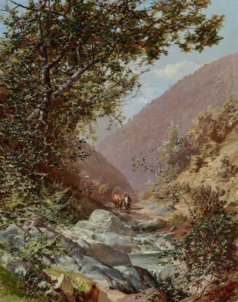 Un muletero y dos bueyes en un valle, pintura al óleo de Thomas Somerscales