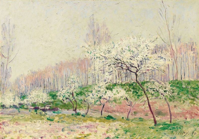 Les Pommiers En Fleurs de Alfred Sisley, óleo sobre lienzo que representa manzanos en flor en primavera.