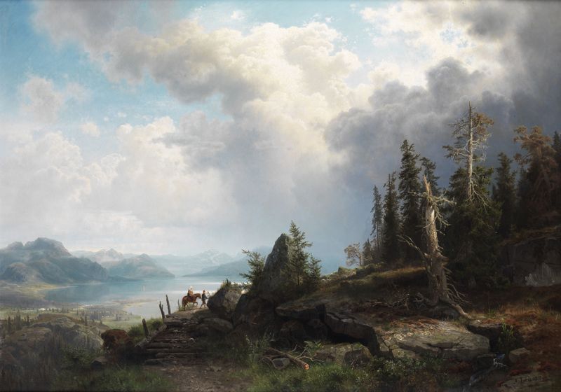 Gebirgslandschaft by August Wilhelm Leu, landscape with mountains and valleys, oil painting